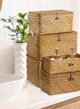 6件套家收用卧室橱柜大防筐尘IGK收纳桌面手工草编纳箱置物篮带号