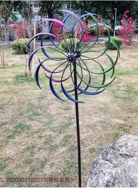 热销户外花园装饰金属工艺品双层旋转彩虹铁艺风车落地插件