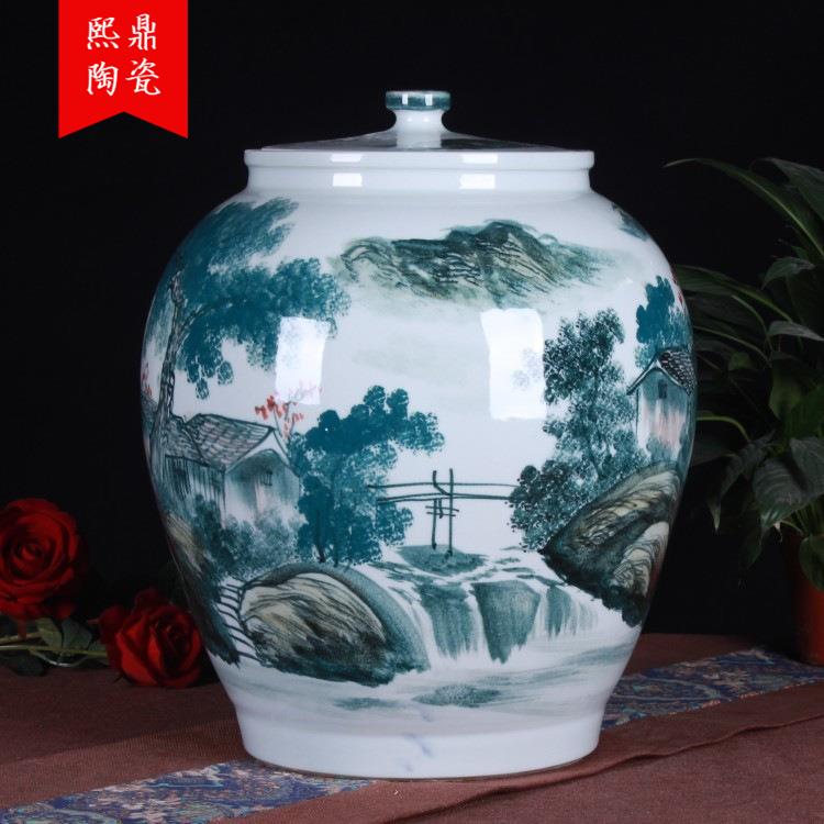 手绘五彩国画山水陶瓷米缸储物缸家用陶瓷带盖缸摆件