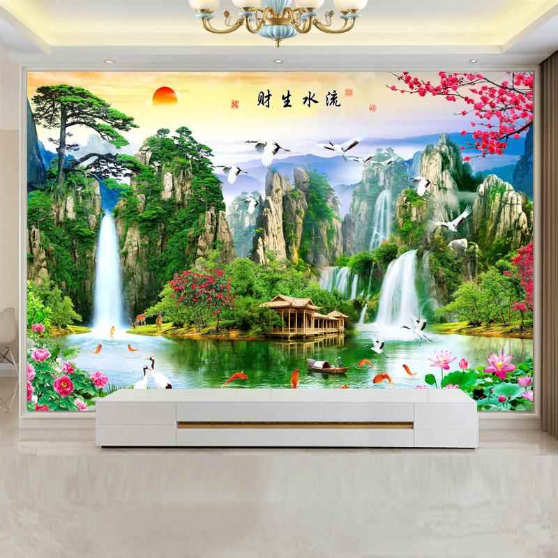 自粘画迎客松壁画贴纸客厅山水画新中式沙发背景墙贴画房间风景画