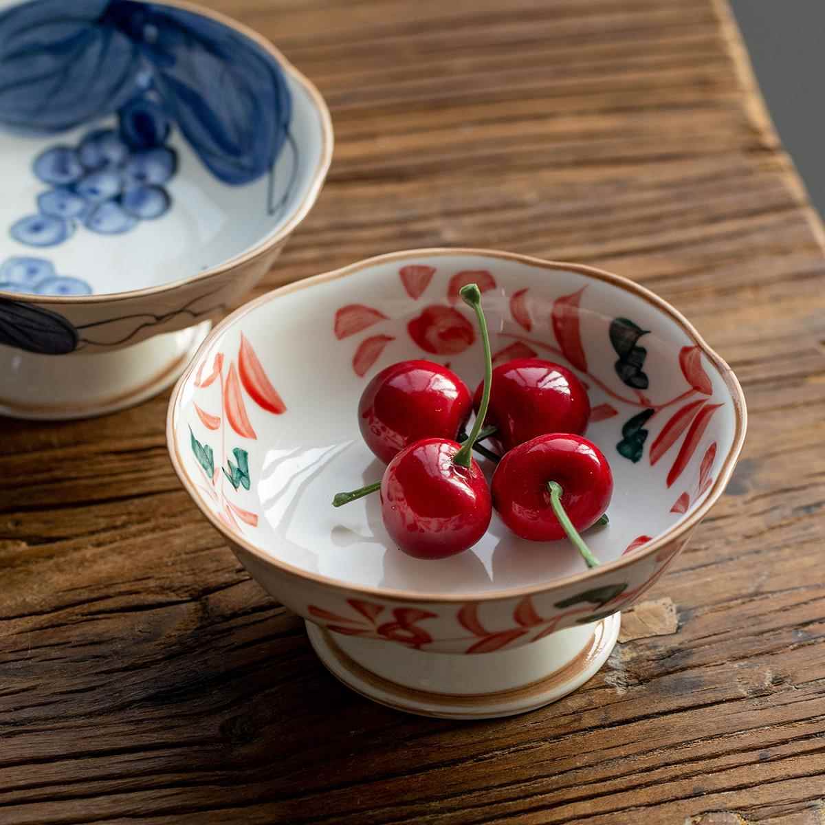 日本进口美浓烧赤绘唐草高脚盘茶点盘点心盘复古水果盘茶室干果盘