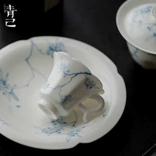 青己手绘青花陶瓷薄胎茶杯家用提耳杯子功夫茶具文人品茗杯单杯