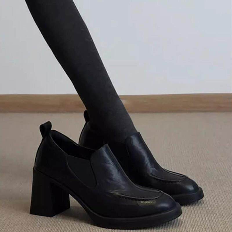 香港软羊皮法式黑色圆头玛丽珍鞋女春秋时尚性感一脚蹬粗跟高跟鞋