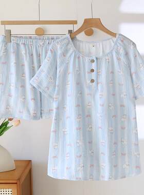狗纱布睡衣女款夏季薄款短袖短裤圆领套头宽松家居服套装0703k