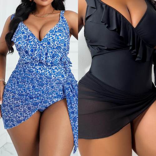 Plus Size Ditsy Floral Print Swimsuit Set Adjustable Strap