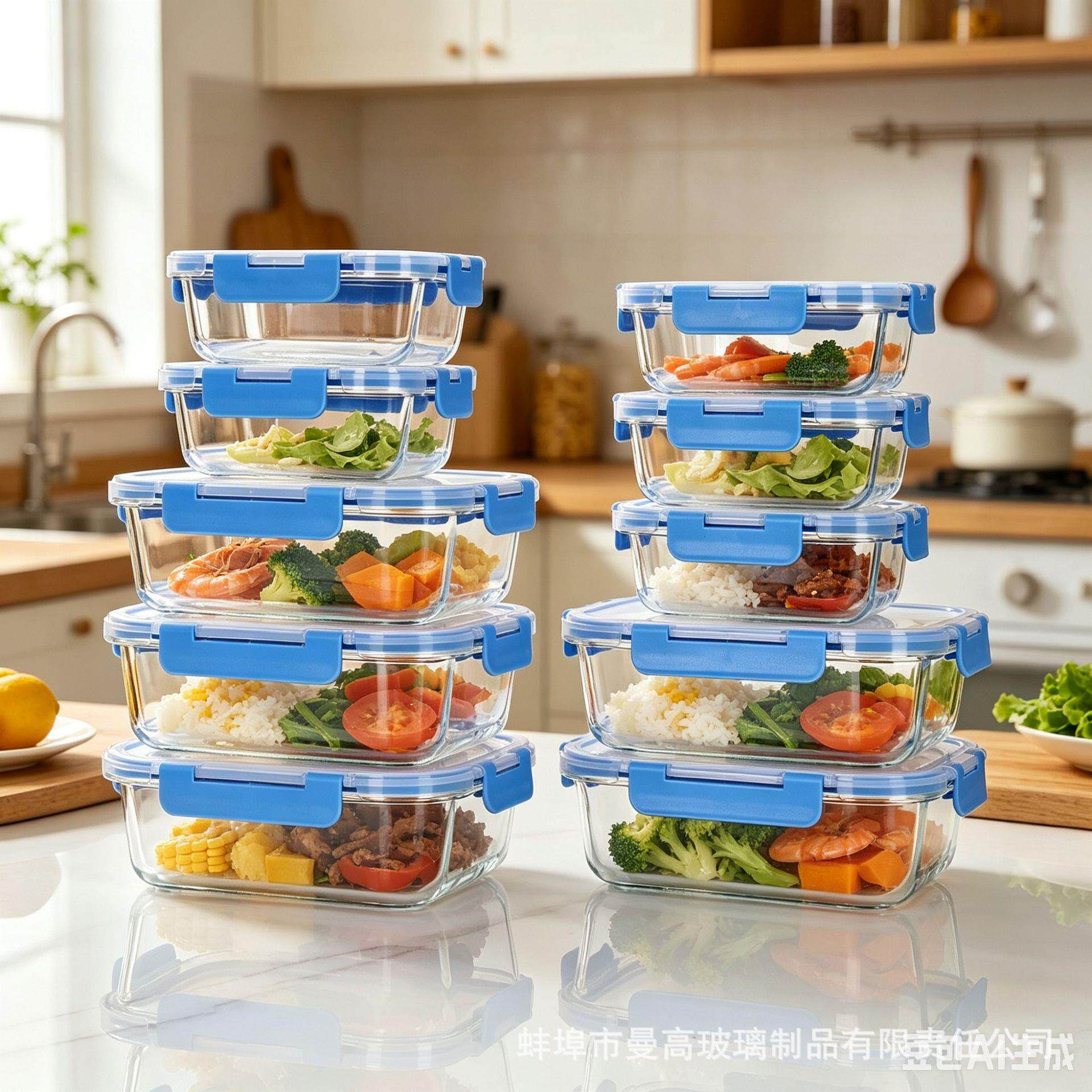 10件套长方形玻璃饭盒 密封防漏保鲜碗 微波炉烤箱可用便当盒多色