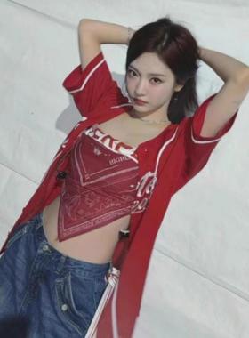 高档宁艺卓同款红色短袖外套校演服KPO庆女团舞P蹈学院风打出歌服