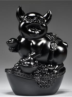 黑猪摆件实木质雕刻十二生肖黑色木头猪吉祥物客厅补角装饰工艺品