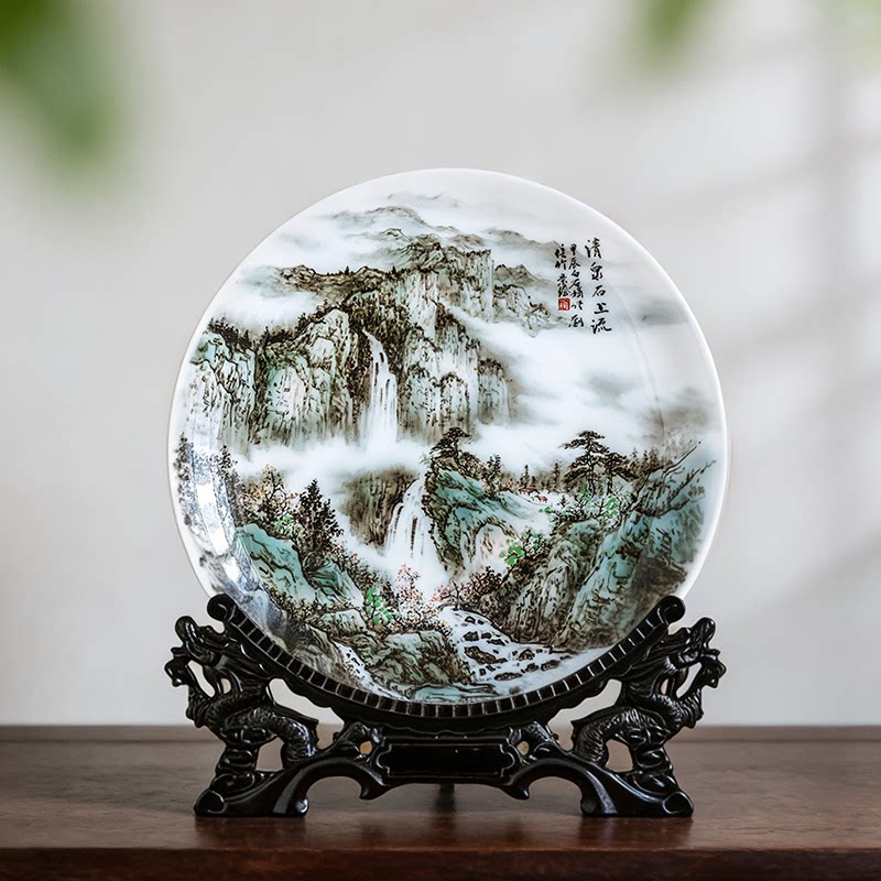 清泉石上流陶瓷赏盘国家级大师刘培竹纯手绘瓷盘装饰收藏陈列摆件