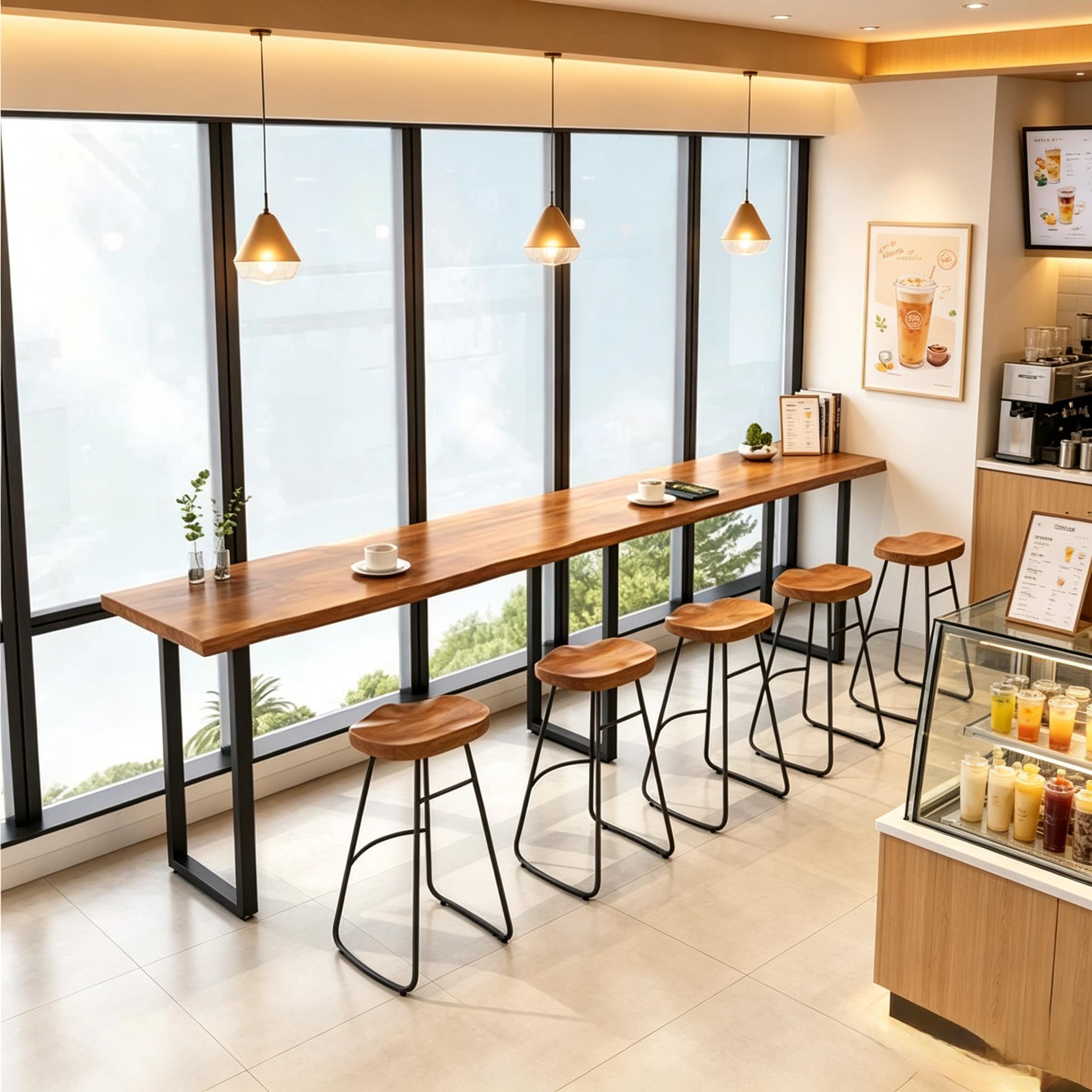 办公吧台桌椅铁艺实木靠窗高脚桌奶茶店咖啡酒吧长条桌休闲阳台桌
