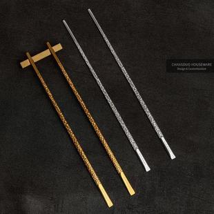 实心金银色扁筷 高档手工锤纹304不锈钢筷子家用餐厅金属筷子韩式