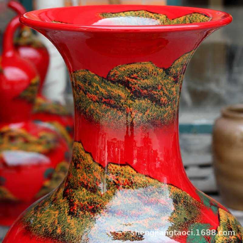景德镇陶瓷器中国红落地大花瓶高温手绘山水画葫芦瓷瓶装饰摆件