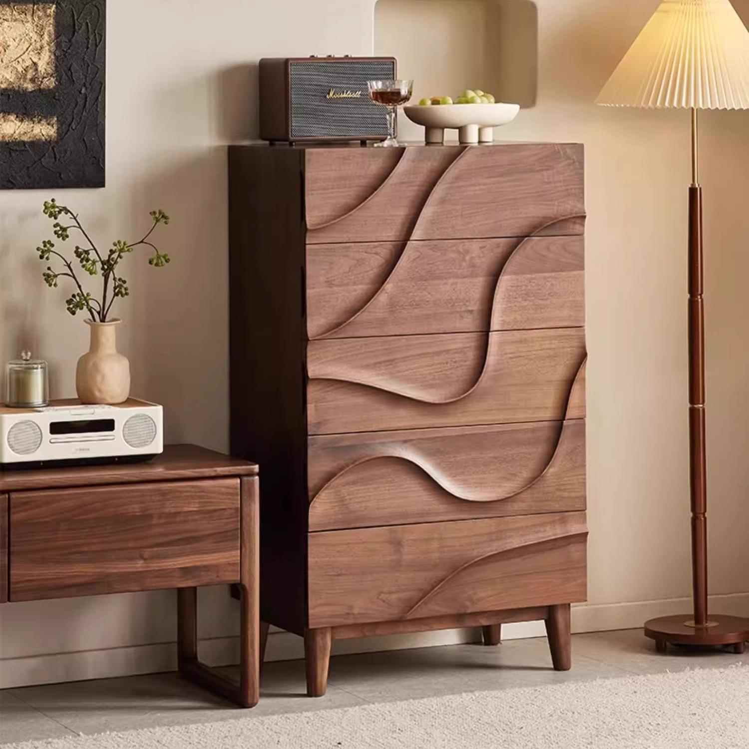 北美黑胡桃木五斗柜北欧简约实木储物柜家用卧室波浪五斗橱抽屉柜