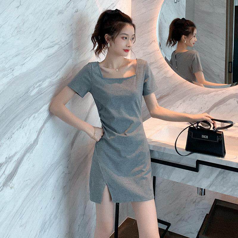 短袖t恤裙女2026夏装新款韩版修身显瘦中长款连衣裙纯棉方领上衣