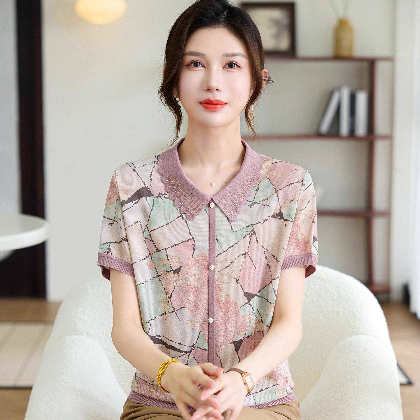 时尚中年针织衫女短袖夏装桑蚕丝100%小个妈妈套头真丝印花上衣薄