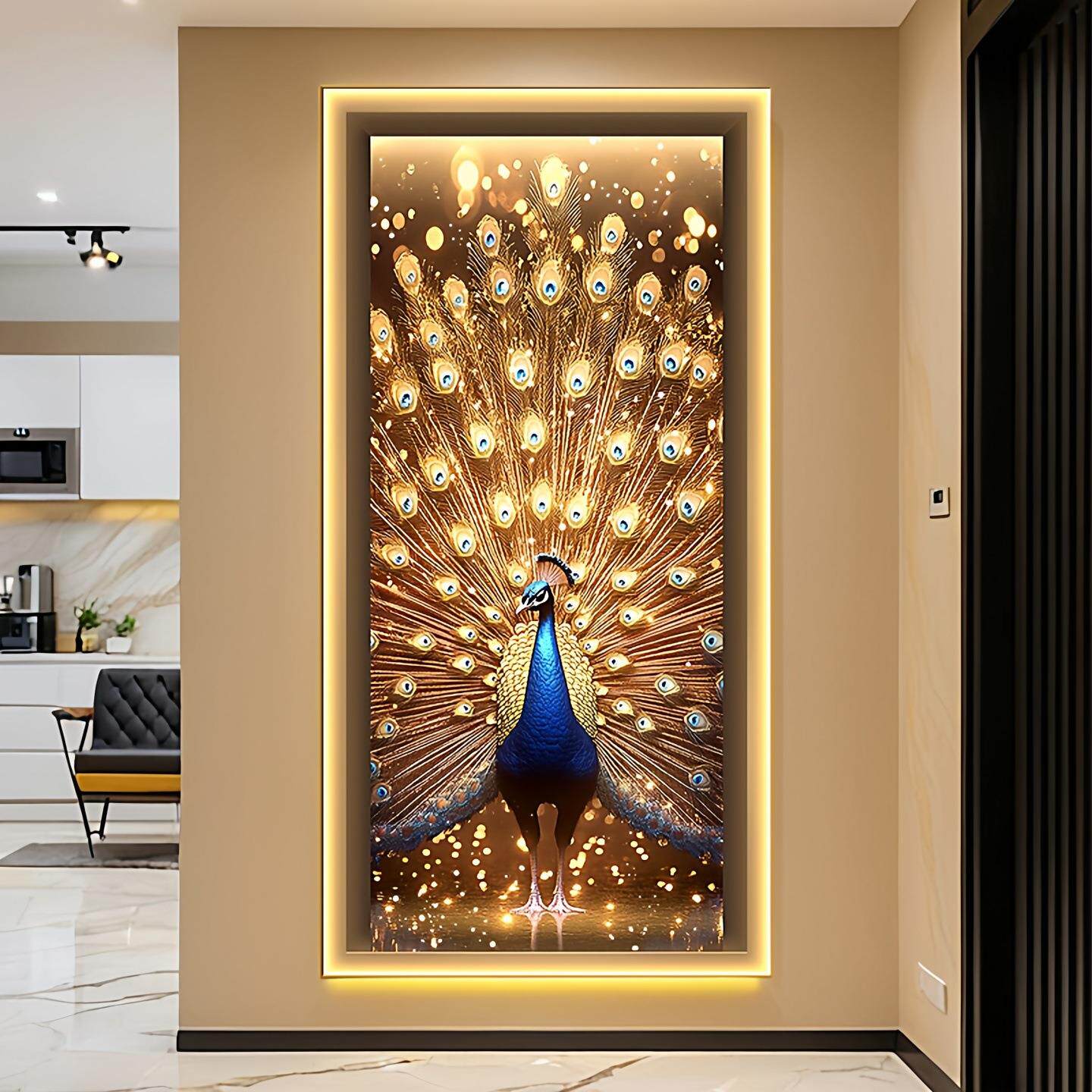 轻奢孔雀开屏玄关装饰画高档走廊过道挂画金色入户门竖版带灯壁画