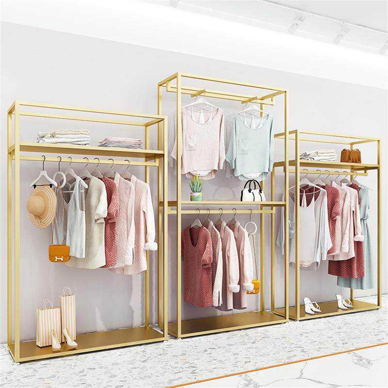 服装店展示架服饰落地式男女装陈列货架高端双层金色铁艺挂衣架图片