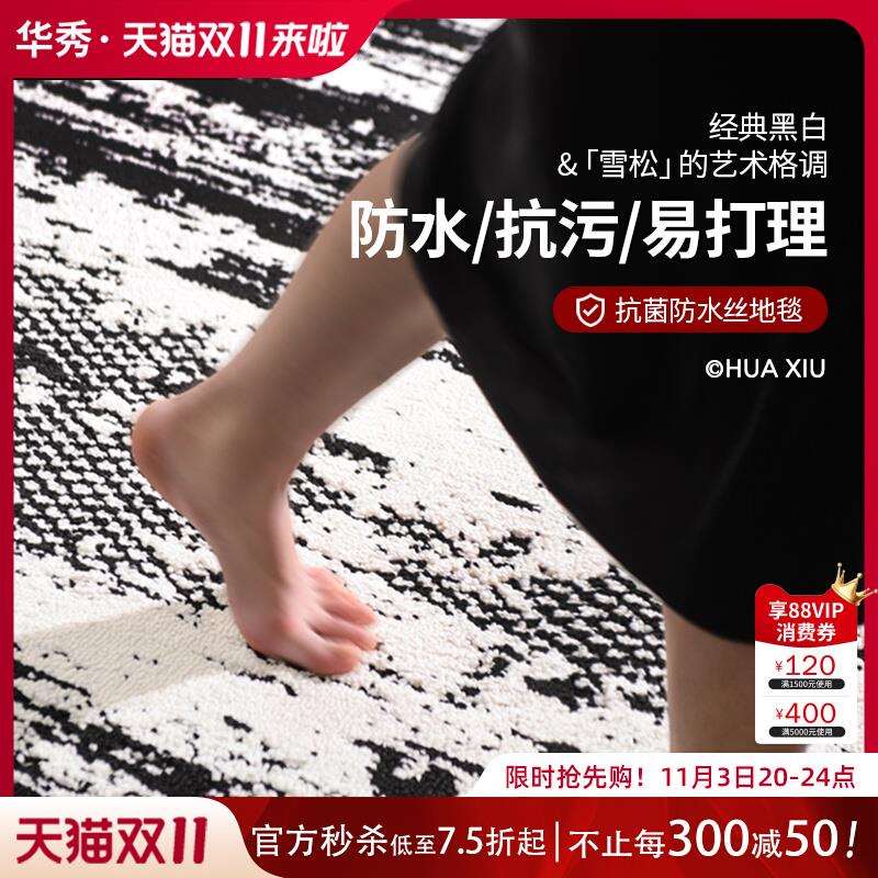 极简黑白地毯客厅防水防污易打理2024新款轻奢高级卧室沙发茶几毯