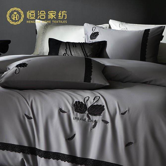 轻奢风超柔长绒棉全棉四件套高端天鹅刺绣纯棉蕾丝边被套床品红色