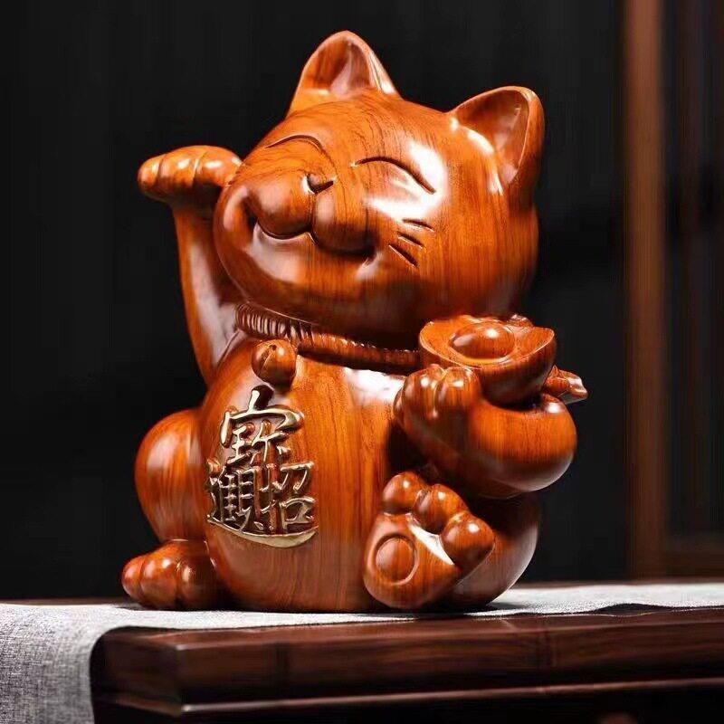 黑檀木雕摆件旺猫实木质雕刻店铺店面开业收银台摆设工艺礼品