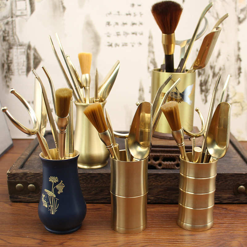 黄铜茶道六君子套装功夫茶具纯铜配件用品夹子刷子茶台桌泡茶工具