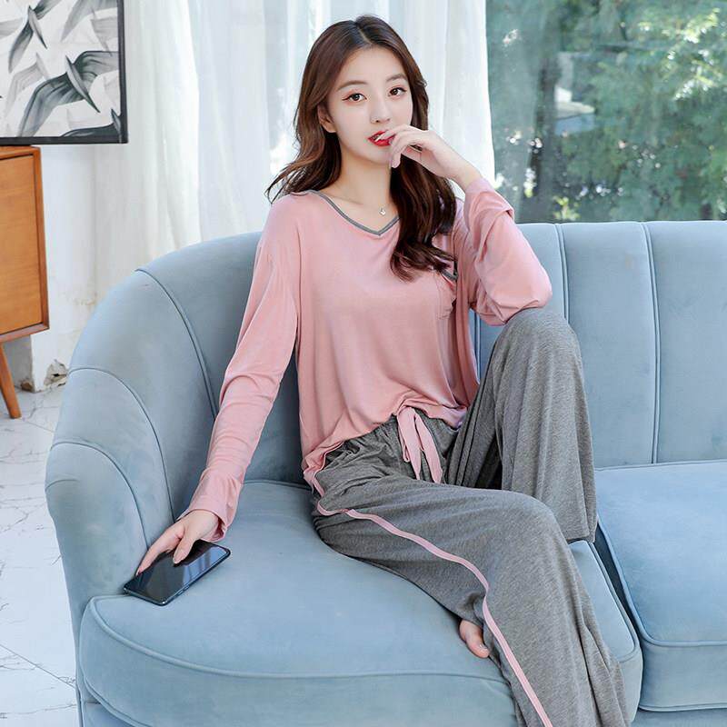 莫代尔短袖睡衣女春装大尺码长袖可外穿春季家居服薄款洋派两件式