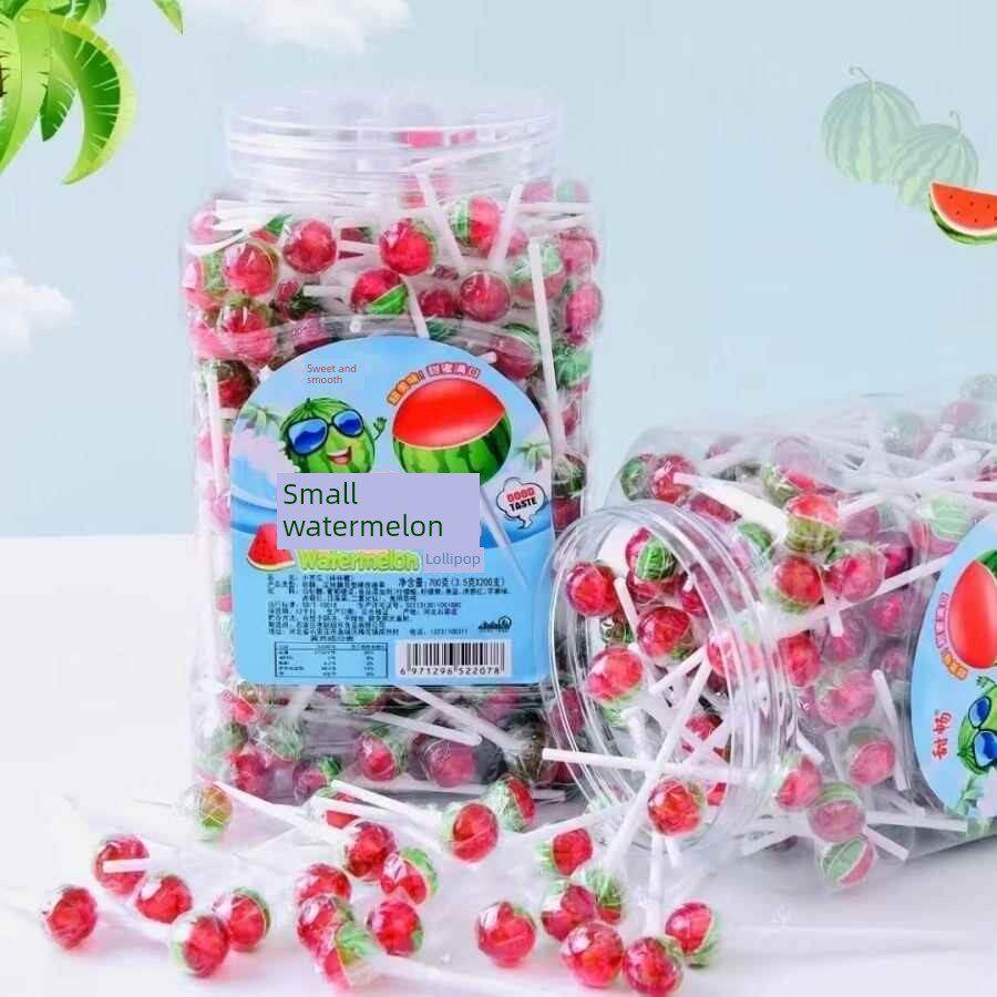 现货小西瓜小白桃迷你棒棒糖五彩儿童球形糖果水果味桶装休闲糖果