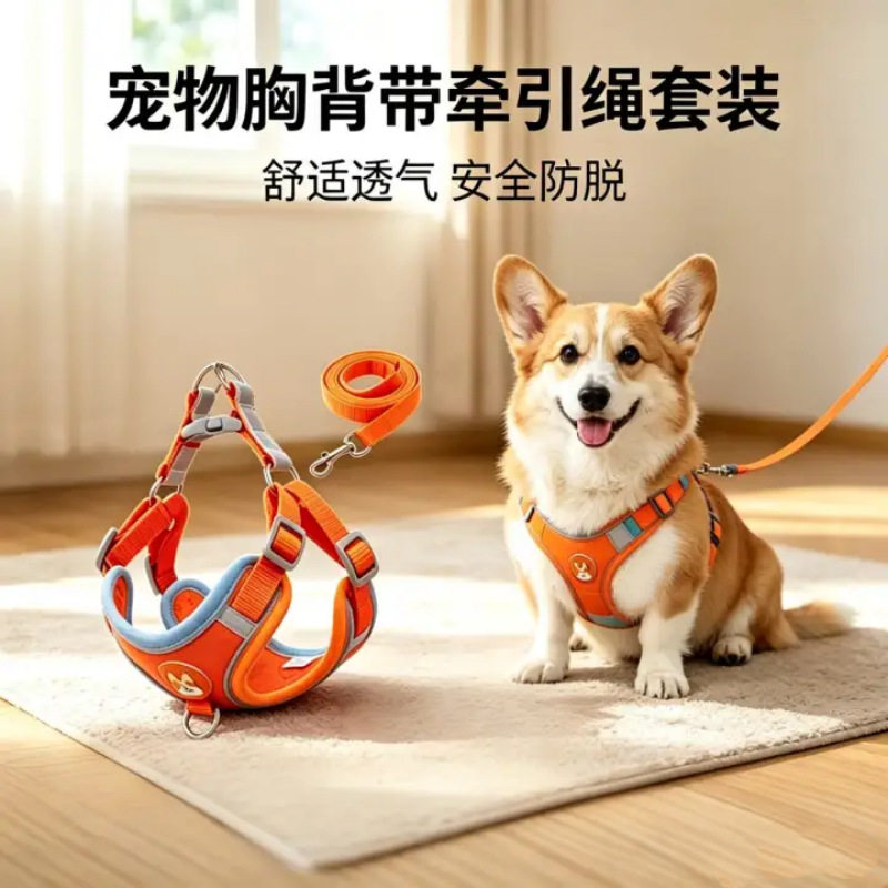 狗狗牵引绳背心式反光宠物胸背带小型犬防挣脱遛狗绳牵引绳可伸缩
