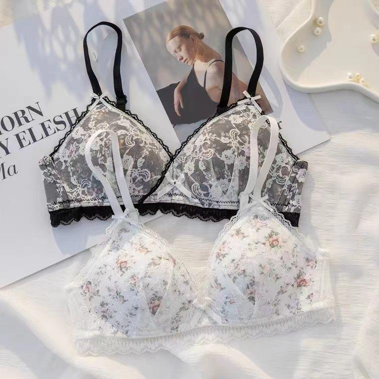 内衣女碎花无钢圈薄款大胸显小甜美少女学生调整型聚拢文胸罩套装