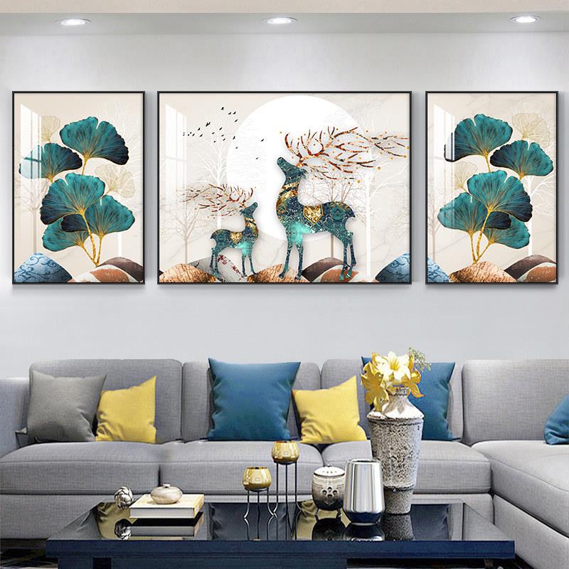 客厅装饰画现代简约三联画轻奢大气北欧壁画招财鹿沙发背景墙挂画