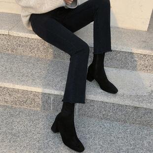 黑色九分牛仔裤女士春秋小个子显高微喇叭修身加绒高腰直筒烟管裤