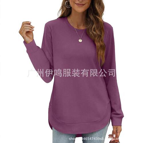 Womens Sweatshirt Crewneck Sleeve Shirts Tops Curved Hem UP