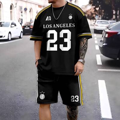 Men Casual Prints Sleeve Drawstring Shorts Set Summer Daily