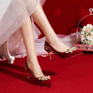 红色婚鞋女细跟水钻结婚新娘鞋2026秋季新款高跟订婚秀禾婚纱单鞋