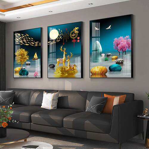 轻奢客厅装饰画 画福禄山水三联画 画寓意好壁画 画现代简约沙发