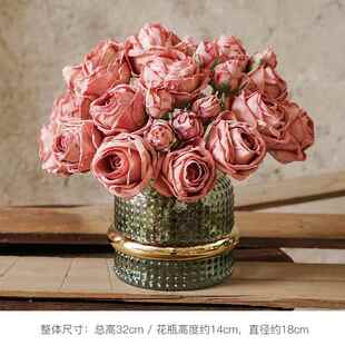 新款在野高束档焦边玫瑰花彷真花客厅装饰艺摆件餐桌假花花 干燥