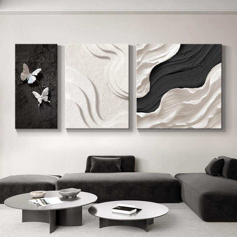 现代简约客厅装饰画抽象肌理沙发背景墙挂画黑白灰高级感三联壁画