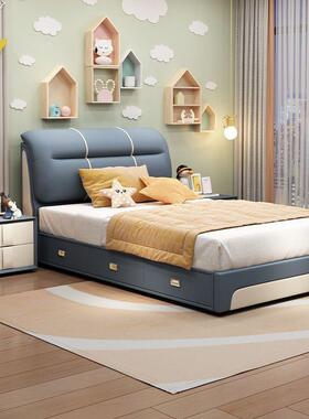 简约现代儿童1.2米单人床男孩女孩带储物柜家用款高档软靠1米皮床