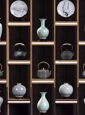 中式茶室摆件套装艺术品博古架茶柜茶壶茶道摆件装饰铁壶陶瓷花瓶