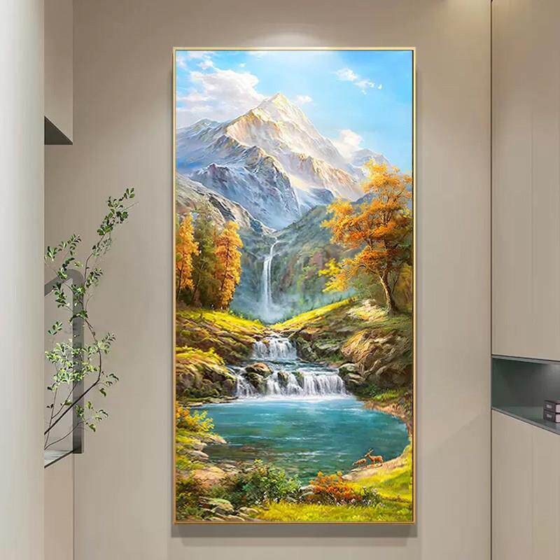 入户玄关钻石画2025新款满钻山水风景客厅竖版聚宝盆5D贴钻十字绣