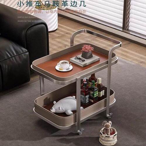 意式简约移动小推车轻奢马鞍皮沙发边几茶几客厅用带轮角几置物架
