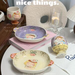 悦檬食器阿满大头贴手绘杯子双耳沙拉碗插画风陶瓷餐具生日礼物