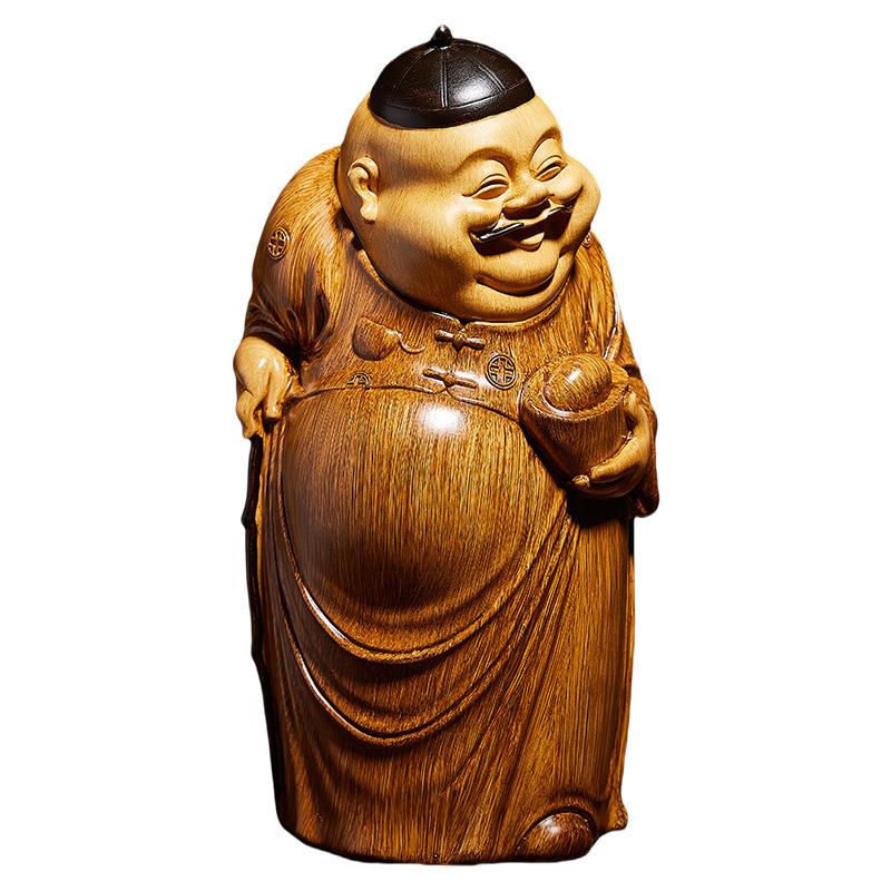 高端中式地主摆件客厅财神爷雕塑仿木雕茶几博古架装饰品桌面摆设