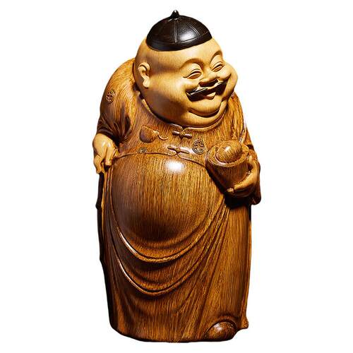 高端中式地主摆件客厅财神爷雕塑仿木雕茶几博古架装饰品桌面摆设