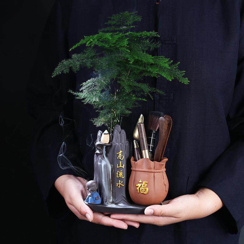 紫砂绿萝水培花瓶鲜花插花绿植花盆水养植物倒流香茶道六君子摆件