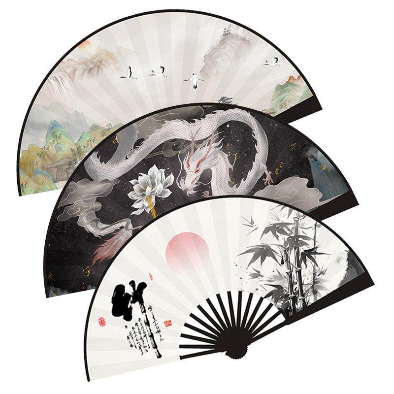 新款龙年中式新款双面龙扇子10寸国潮蹦迪折扇中国风古风舞蹈绢扇