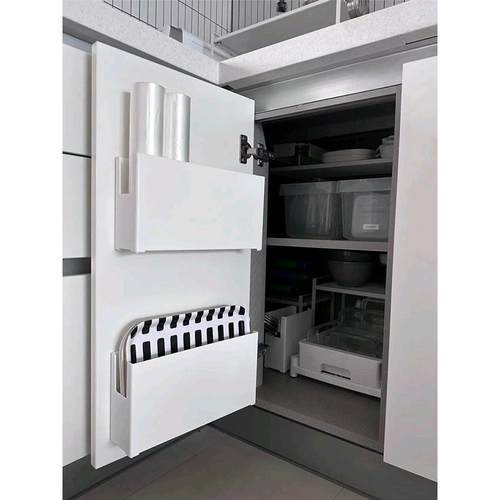 厨房壁挂收纳盒橱柜门内侧免打孔保鲜膜收纳架锅具杂物整理置物架