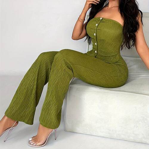 Ladies' elastic decorative strapless flared pants set for