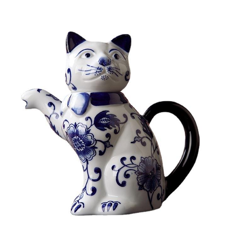 客厅青花瓷猫陶瓷凉水果汁壶中式装饰茶壶创意摆件