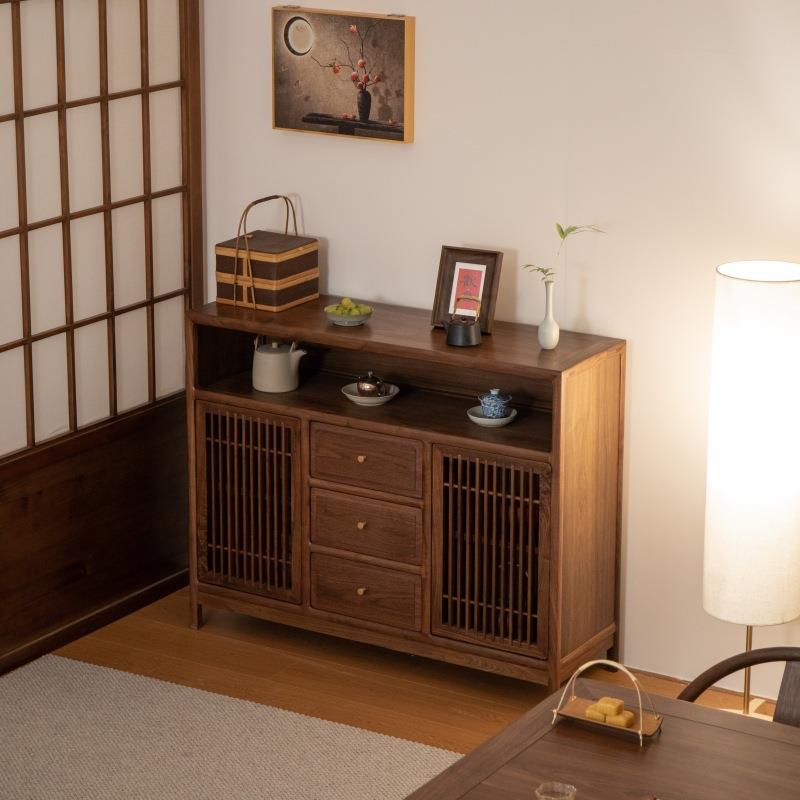 新中器式餐边柜实木置山海边柜物架黑空胡餐桃家用厅客厅靠墙茶水